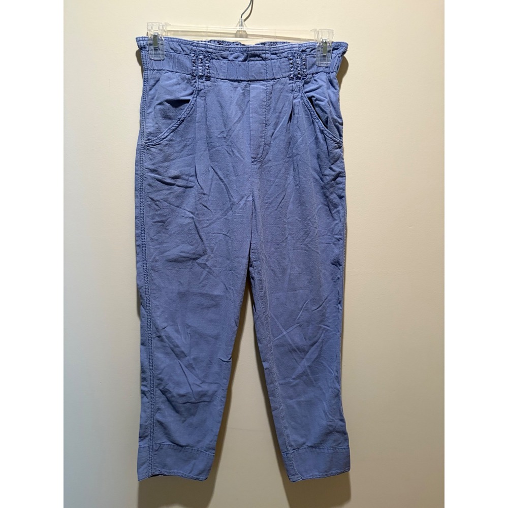 Anthropologie High Waisted Smocked Paperbag Pants Blue Cotton Tapered XS